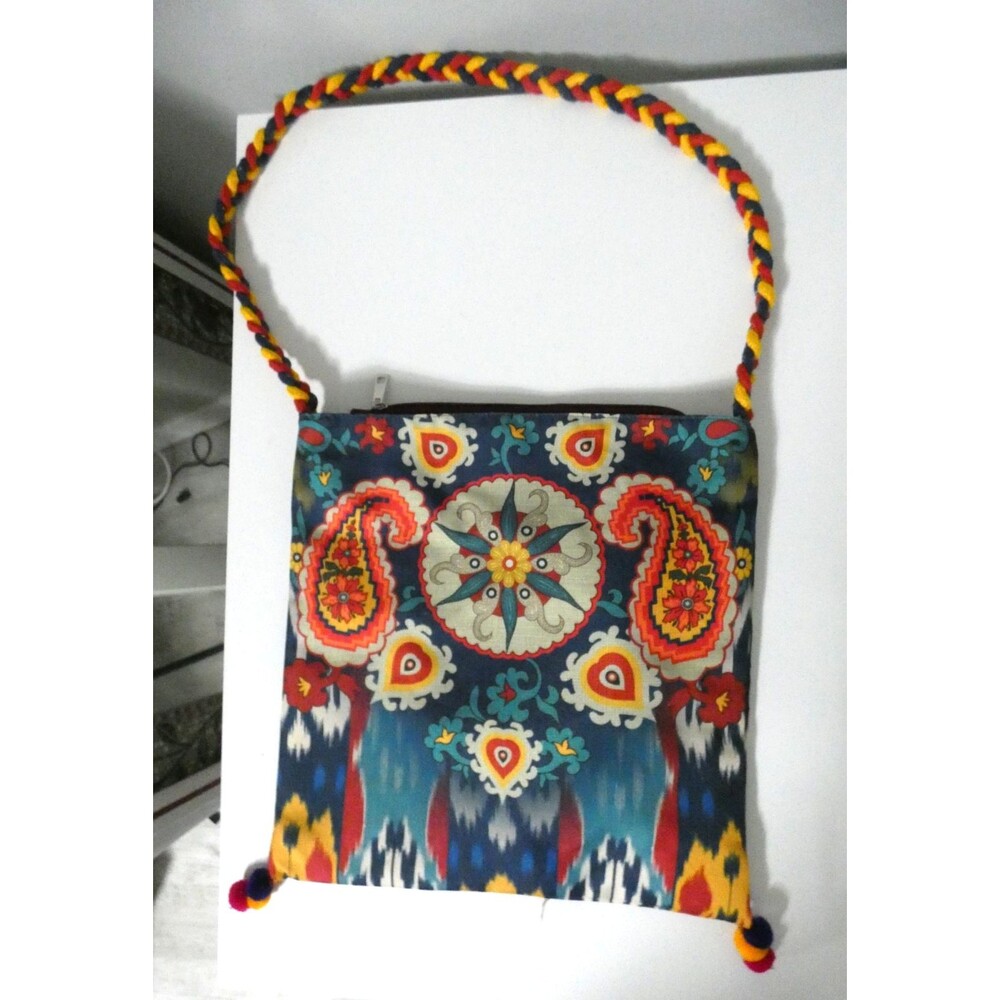 Khaadi Pakistan Canvas Tote Bag Tassel Detail Boho Mulitcolor Ikat Paisley Print